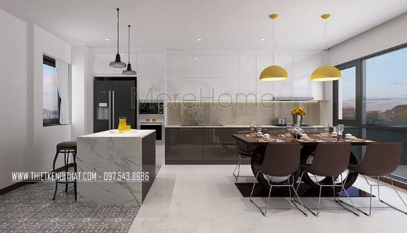 Trang trí phòng ăn lồng phòng bếp hiện đại tạo nên không gian vừa đẹp vừa tiện nghi vừa sang trọng. Thiết kế phòng bếp, tủ bếp đẹp