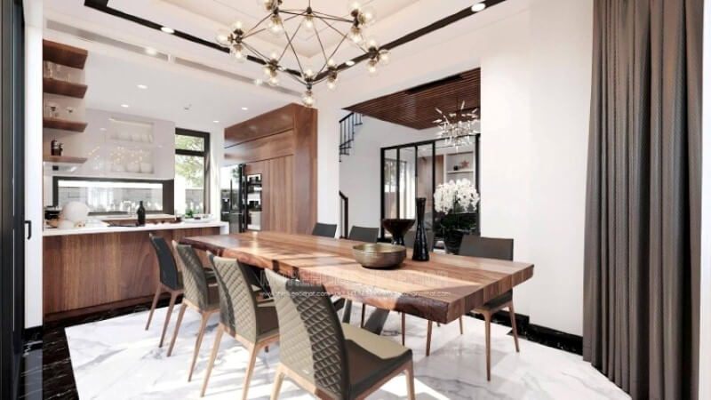 Sẽ là một gợi ý sáng tạo sẽ khiến bạn thích thú như trong ý tưởng thiết kế không gian bếp hiện đại biệt thự Vinhomes Imperia Hải Phòng trong đây, bố trí kệ trang trí ở vị trí gần bàn ăn nhất giúp bạn lấy ly, chén một cách nhanh chóng.