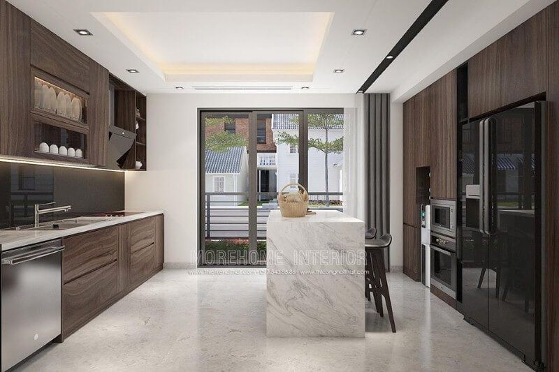 Thiết kế phòng bếp hiện đại ấn tượng với gỗ veneer cao cấp.