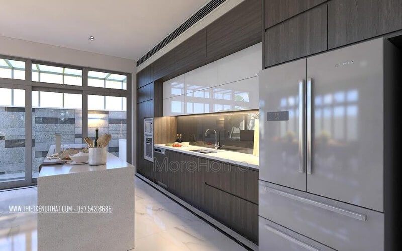Thiết kế nội thất phòng bếp hiện đại, sang trọng từ tủ bếp gỗ công nghiệp acrylic đồng màu cùng đá ốp cao cấp.