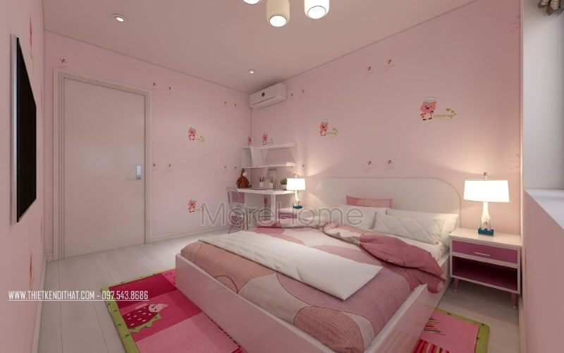 Bố trí nội thất phòng ngủ con đẹp, sinh động, đáng yêu với tone hồng nhẹ nhàng, cuốn hút.