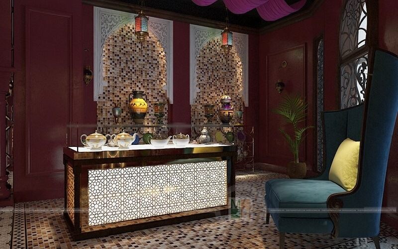 Mẫu thiết kế phòng trà cuốn hút tại showroom làm đẹp Saffron với đồ nội thất họa tiết nổi bật theo phong cách Iran- Địa Trung Hải