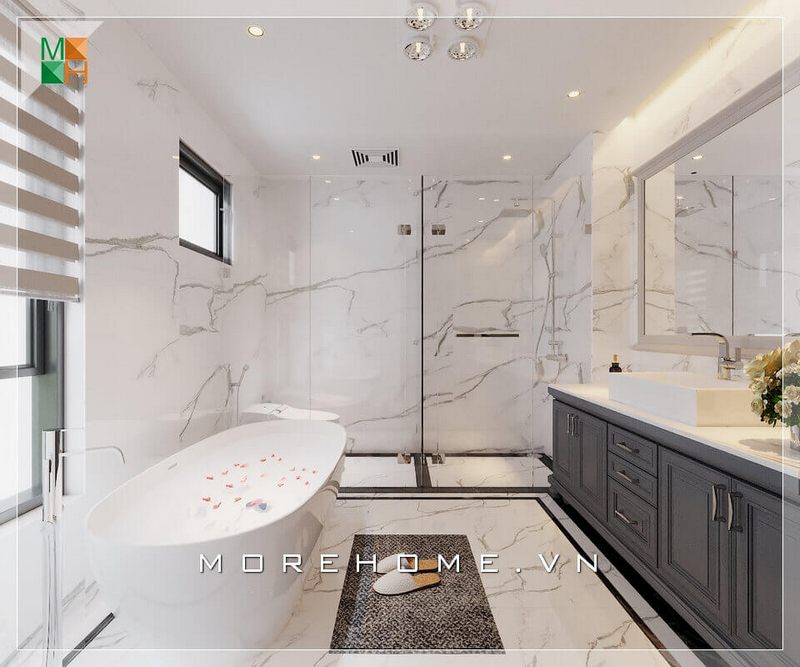 Bồn tắm sang trọng làm nên sự đặc biệt cho thiết kế phòng tắm cao cấp, mang lại sự tiện nghi cho không gian tắm đẹp.